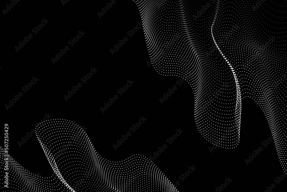 Poster abstract wave with moving dots. particle flow. cyber technology illustration.