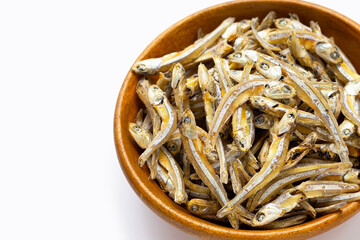Dried anchovy on white background