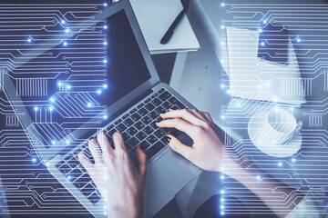 Double exposure of woman hands typing on computer and technology theme drawing. High Tech concept.