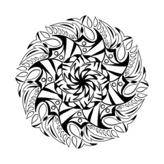 black and white line design of Mandala style for coloring, decoration, meditation or fabric pattern.