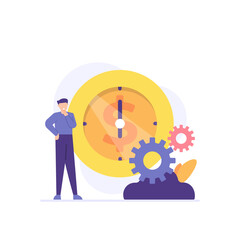 time and money management, financial management for the long term. a manager manages time and money as efficiently and effectively as possible. flat cartoon illustration. concept design. element