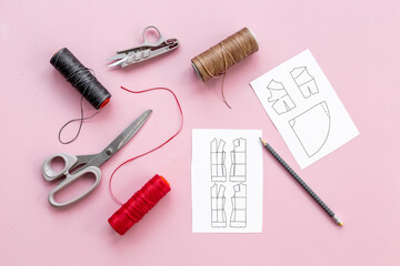 Sewing background. Tailor tools dress patterns in workshop