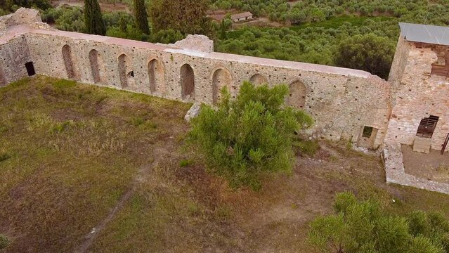 Aerial view of Androusa castle ruins and surrounding area at Autumn