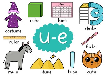 U-e digraph spelling rule educational poster for kids with words. Learning u-e phonics  for school and preschool. Phonetic worksheet. Vector illustration