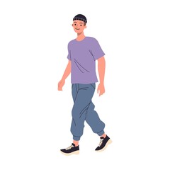 Naklejka premium Young guy in jeans crossing city street. Zebra, crosswalk, traffic light flat vector illustration. Urban life, safety, rules concept for banner, website design
