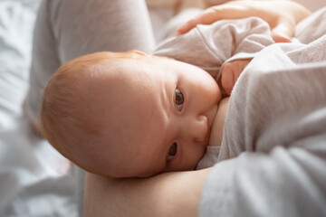 Mother feeds newborn baby with breast on bed at home. Adorable little girl in grey bodysuit sucks nipple lying in woman arms, sunlight