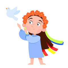A girl in a wreath and Ukrainian clothes releases a dove
