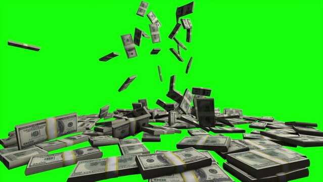 Stacks of money falling from above on green screen or chroma key, concept of business success, inflation, rich, millionaire, lottery and abundance.