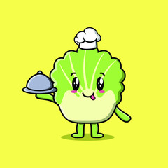 Cute Cartoon chef chinese cabbage mascot character serving food on tray cute style design