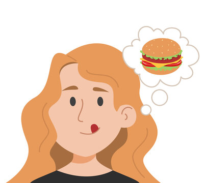 Woman thinking about hamburger vector isolated. Food craving, hungry character wants unhealthy food. Tasty junk food. Beautiful girl dreaming of burger.