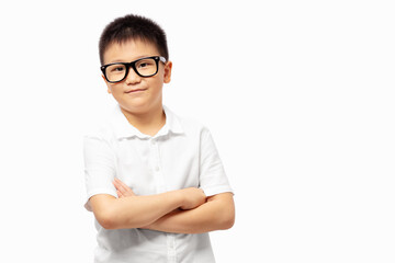 Smart kid cross arm, wearing eyeglasses and white shirt