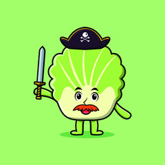 Cute cartoon character Chinese cabbage viking pirate with hat and holding sword and shield