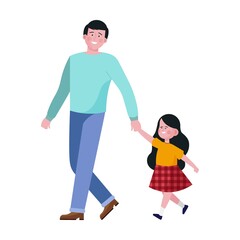Family with children. Happy dad walking and leading kid by hand flat vector illustration. Family, love concept