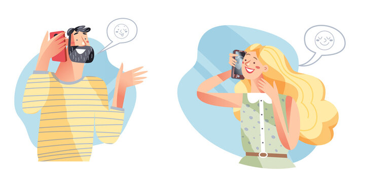 People call on mobile phone and smile set vector illustration. Cartoon freelancer man and woman character talking about business work, hipster guy holding cellphone, girl highschool student smiling.