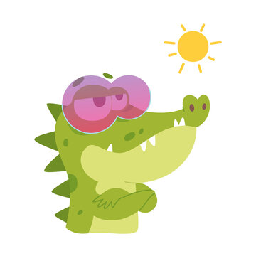 Cute crocodile character wearing pink sunglasses, portrait of funny alligator with teeth