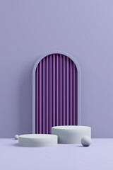 Front view of purple 3D podium with doorway and white geometric abstract background 