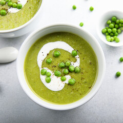 Homemade green pea soup with cream