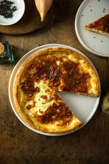 Traditional homemade French quiche with onion and bacon