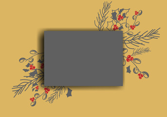 Vector. Merry Christmas and Happy New Year floral background, copy space for your text. Rustic horizontal template for Christmas cards, wedding invitations, party invitation. Hand-drawn sketch.