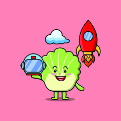 Cute mascot cartoon character Chinese cabbage as astronaut with rocket, helm, and cloud in cute style 