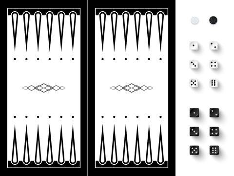 Backgammon black board to play traditional game vector illustration. 3d gambling black and white dices with shadow from one to six dots, wooden box or table with pattern for playing background.