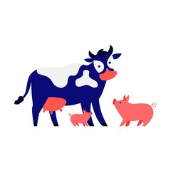 Spotted cow and pig flat vector illustration. People feeding pigs and cow, growing natural food concept