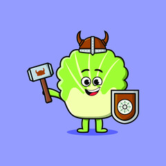 Cute cartoon character Chinese cabbage viking pirate with hat and holding hammer and shield 
