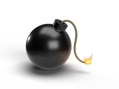 Black round bomb with burning fuse icon on white background. 3D illustration.