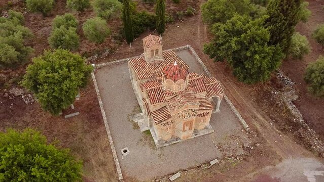 Aerial view of St. Samarina church in Messinia region at dusk