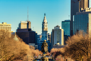 Scene of George Washington statue oand street in Philadelphia over the city hall with cityscape background at the twilight time, United States of America or USA, history and culture for travel concept