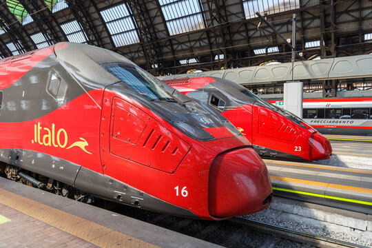 Italo ETR 675 Pendolino high-speed trains of Nuovo Trasporto Viaggiatori NTV in Milano Centrale railway station in Milan, Italy