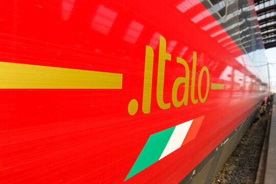 Italo logo on a high-speed train of Nuovo Trasporto Viaggiatori NTV in Milano Centrale railway station in Milan, Italy