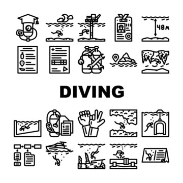 Diving School Education Lesson Icons Set Vector. Diving School Course And Study, Underwater Sign Language And Professional Equipment Diver Instruction Coach And Certificate Black Contour Illustrations