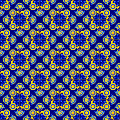 Seamless floral pattern based on Ukrainian ornament on dark blue background. Vector stylized ornament in Ukrainian style.