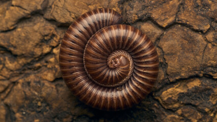 Details of a brown millipede on a tree