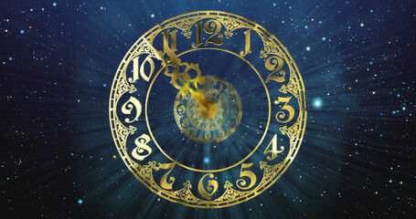 Classic gold dial .The arrows describe a full circle . It symbolizes the infinity of time. Against the background of space and stars. 3D render