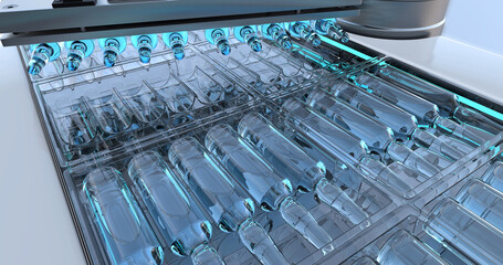 Pharmaceutical manufacturing line. Cardboard automatic factory packaging machine for packaging ampoules with vaccine and medicines. 3D . Warm shades filter.