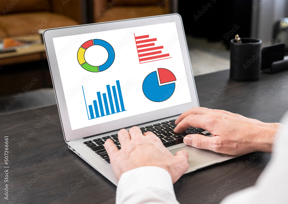 Poster businessman working on laptop with bar graphs and diagrams at screen. statistic data analysis, busin
