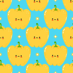 Cute funny yellow pepper pattern character. Vector hand drawn cartoon kawaii character illustration icon. Isolated on blue background. Pattern yellow pepper character concept