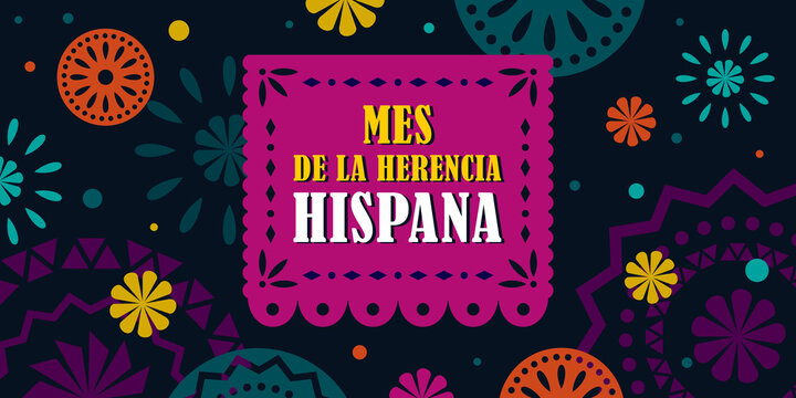 Hispanic heritage month. Vector web banner, poster, card for social media, networks. Greeting in Spanish Mes de la herencia hispana text, Papel Picado pattern, perforated paper on black background.