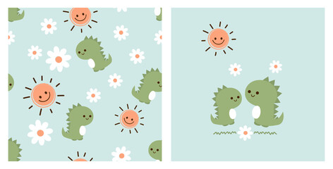 Seamless pattern with dinosaur cartoons, sun and daisy flower on green backgrounds vector. Cute childish print.