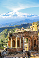 View of Etna Mount from Taormina teatro greco on sunny day, Sicily, Italy