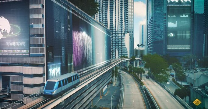 Train in middle high-rise and urban environment in a futuristic city - 3D render