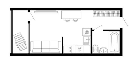 Apartment floor plan. Two bedroom apartment. Vector architecture plan of condominium, flat, house. Interior design elements kitchen, bedroom, bathroom furniture. 2D 2 bedroom apartment floor plan.