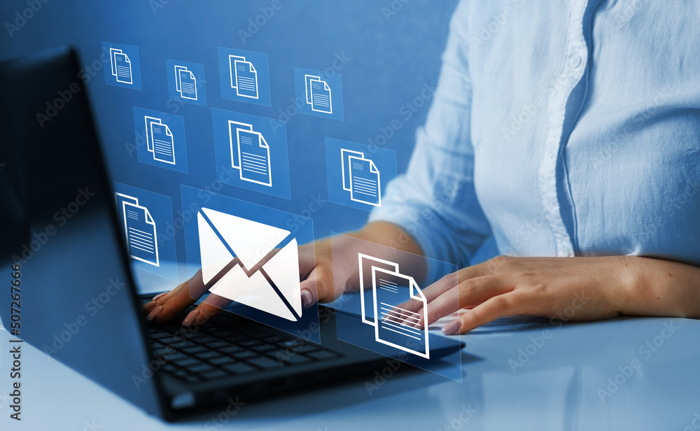 Poster email marketing, data center and internet advertising. sending documents digitally using email.