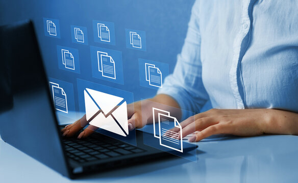 Email marketing, data center and internet advertising. Sending documents digitally using email. 
