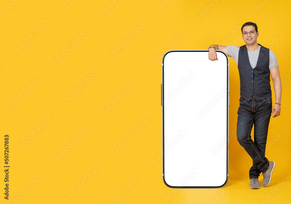 Aufkleber a man with a big phone. place for the inscription on the phone monitor. a smartphone with an empty w