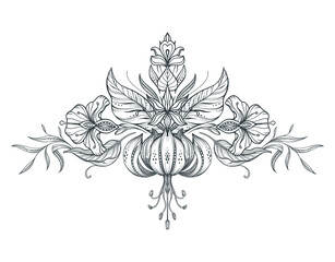 Beautiful vector composition with hand drawn floral elements, leaves