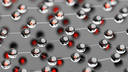 Technological scientific background of an atomic lattice consisting of hexagons and reflective shiny glass spheres with orange glow inside.3d illustration