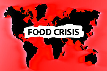 food crisis. Paper bag in front of map of continents. Humanitarian crisis in countries of world. Food problems and threat of famine. World map on red. International food crisis. 3d rendering.